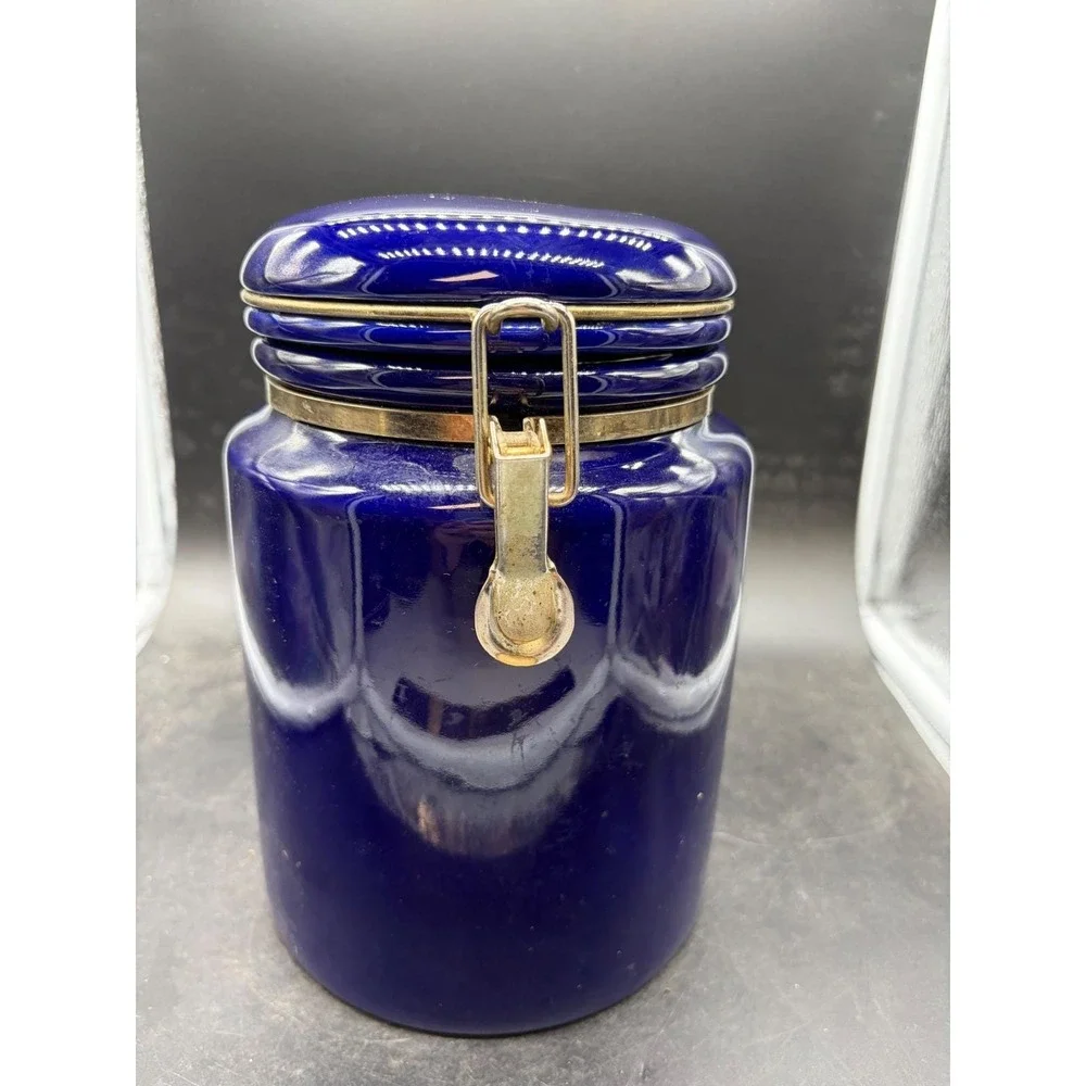 Vintage Cobalt Blue Ceramic Canister with Gold Tone Bale Flip Top Locking Lid